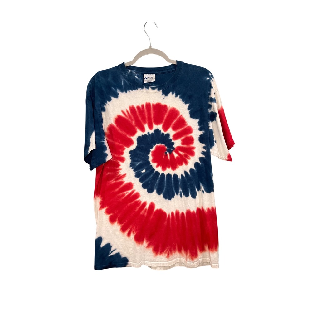 Port and Company Mens Red White Blue Spiral Tie Dye T-Shirt Size Large